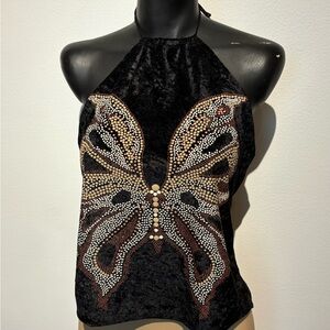 Velvet Black Butterfly Halter Top